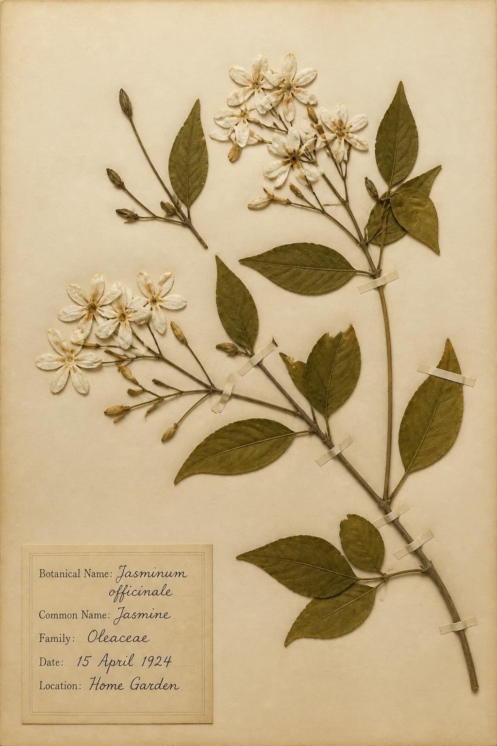 A pressed jasmine herbarium specimen — delicate white flowers and leaves on cream paper