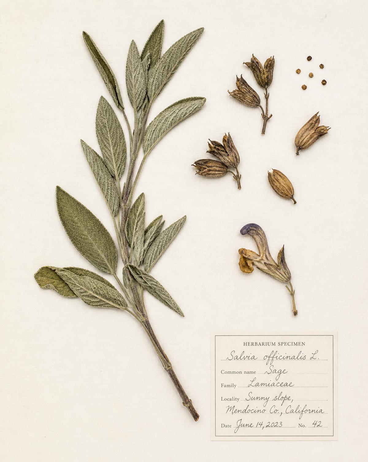 A pressed sage specimen — dried leaves, seed pods, a single bloom